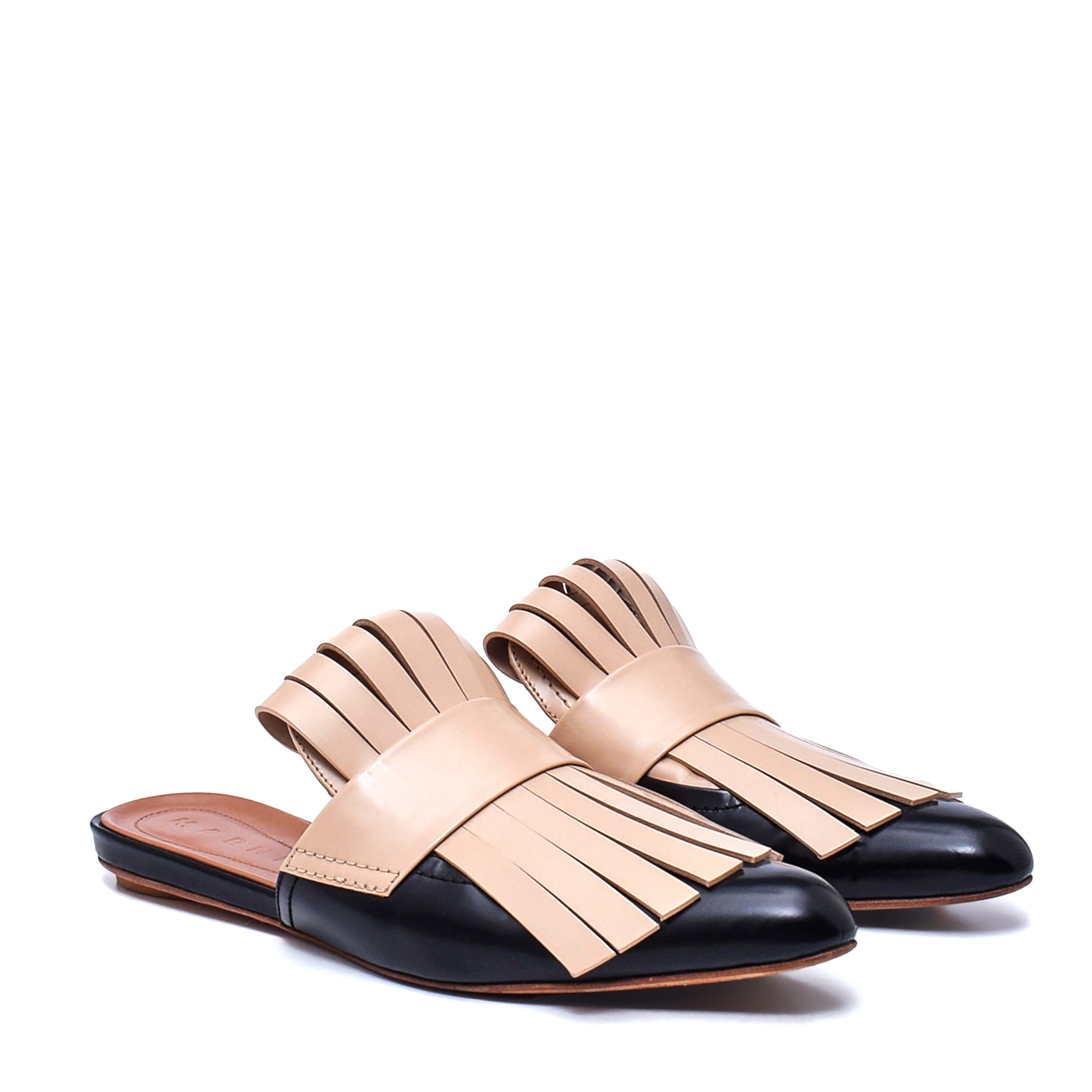 Marni - Sabot Black & Nude Fringe Leather Flat Mules / 39